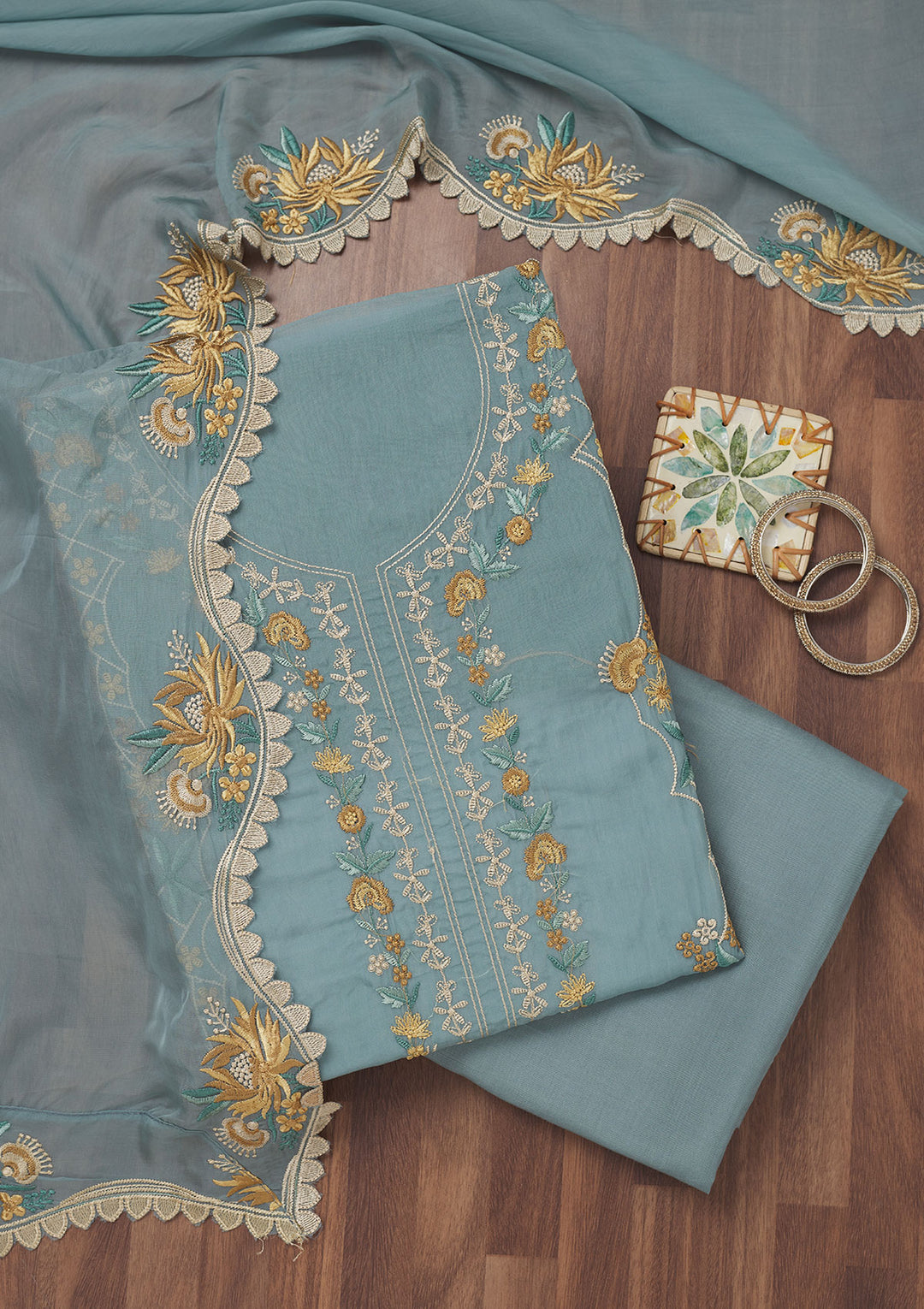 Grey Threadwork Tissue Unstitched Salwar Suit