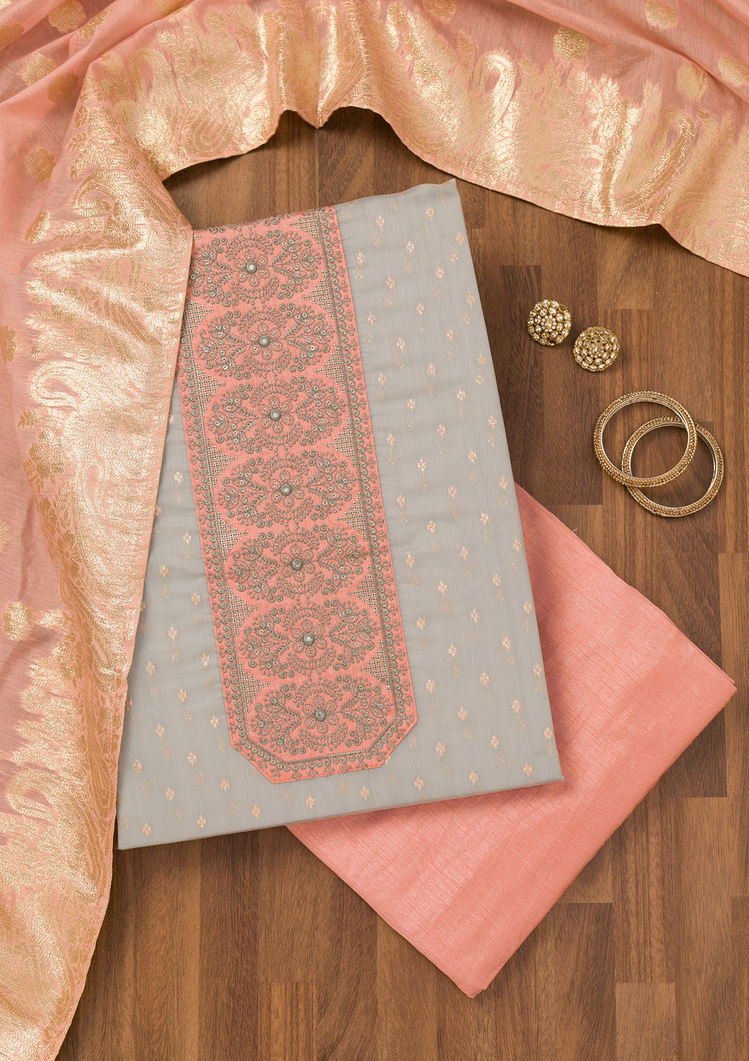 Grey Zariwork Chanderi Unstitched Salwar Suit