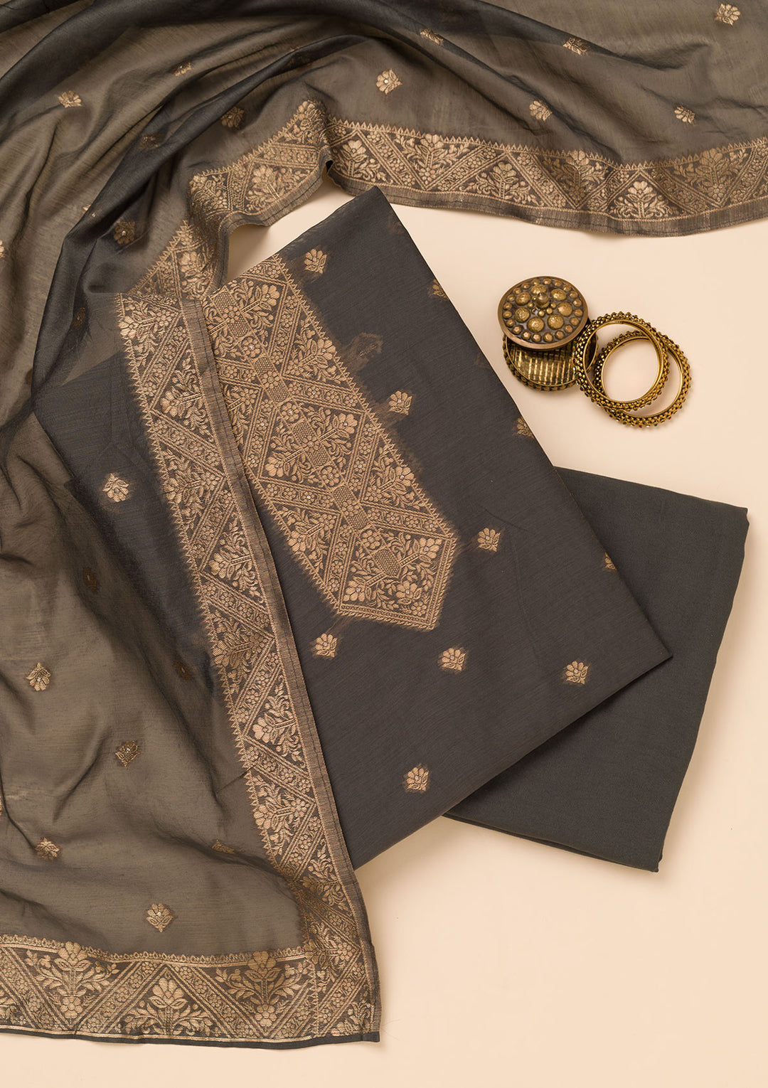 Grey Zariwork Soft Silk Unstitched Salwar Suit