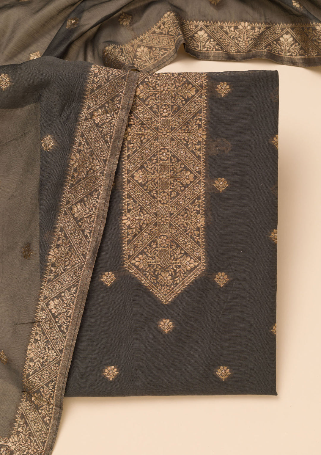 Grey Zariwork Soft Silk Unstitched Salwar Suit