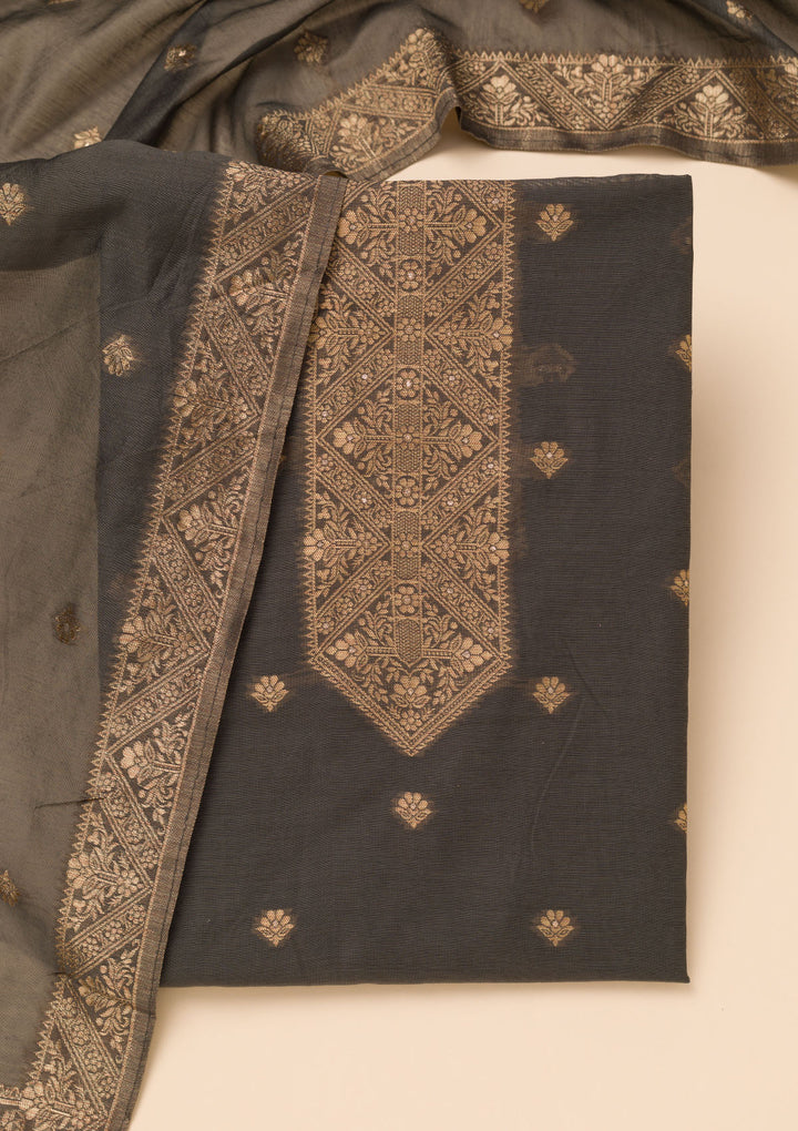 Grey Zariwork Soft Silk Unstitched Salwar Suit