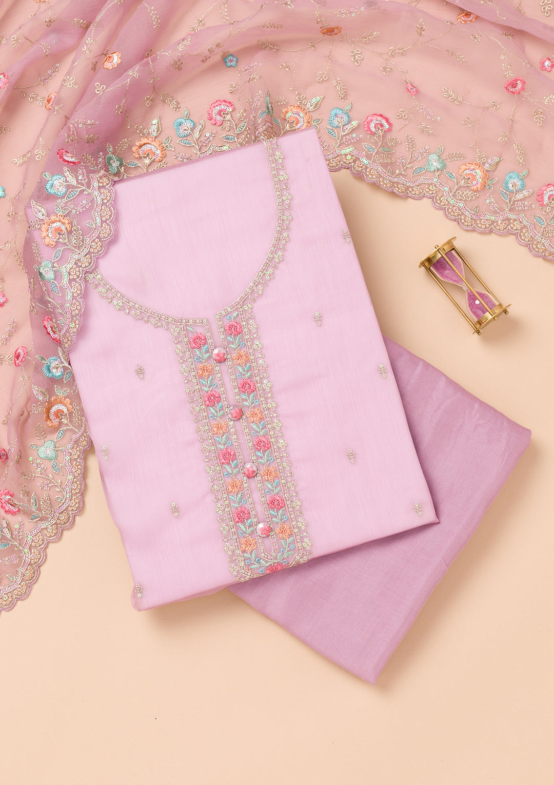 Lavender Threadwork Organza Unstitched Salwar Suit