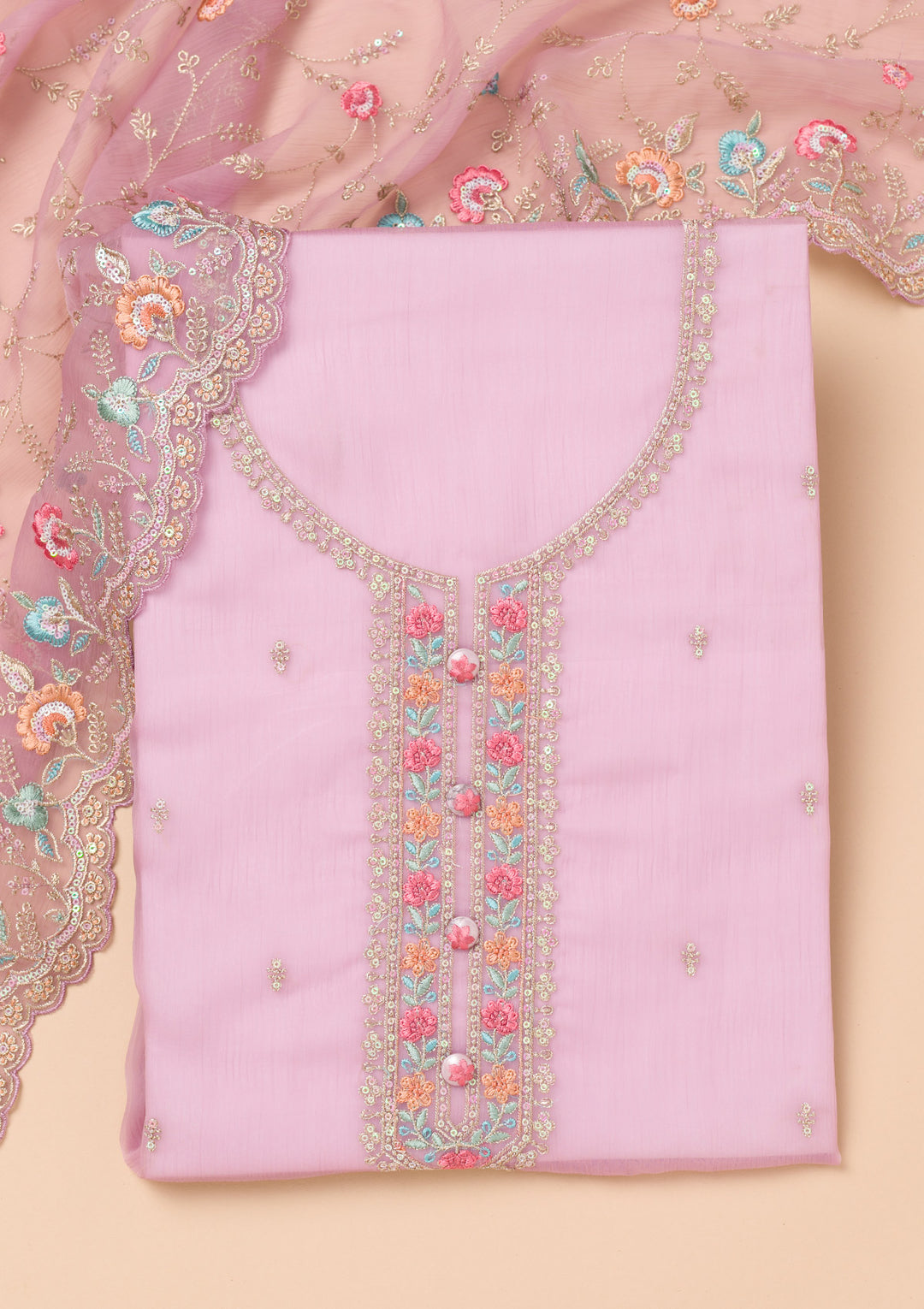 Lavender Threadwork Organza Unstitched Salwar Suit