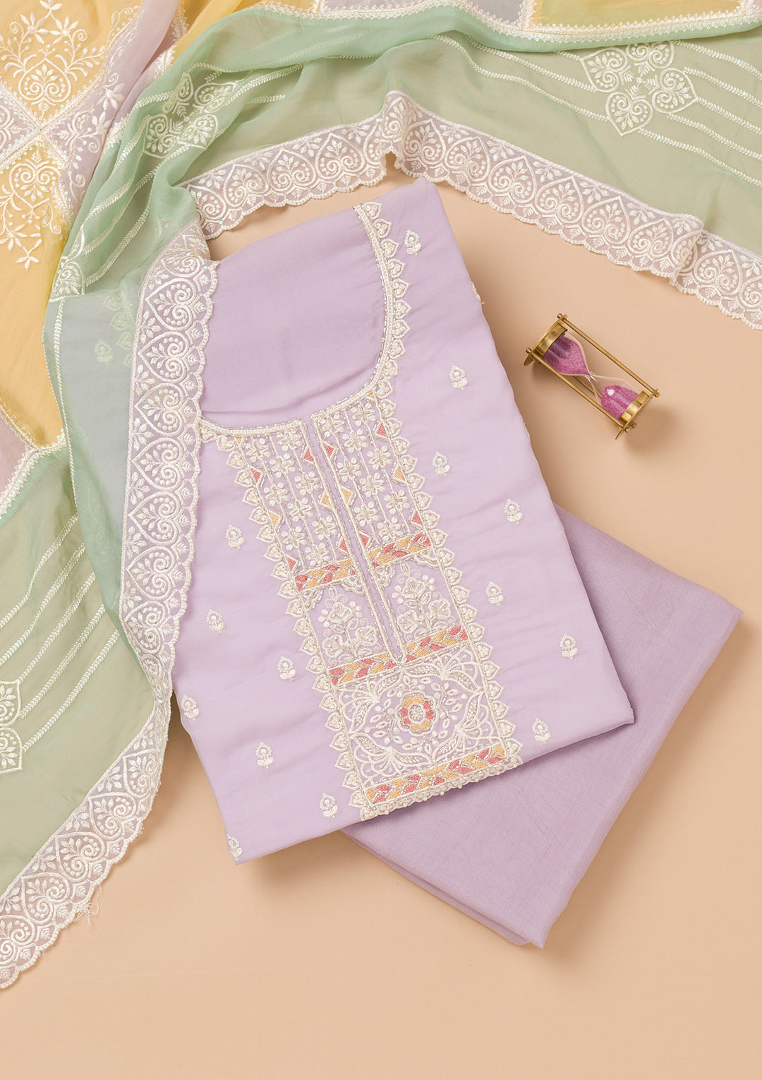 Lavender Threadwork Organza Unstitched Salwar Suit
