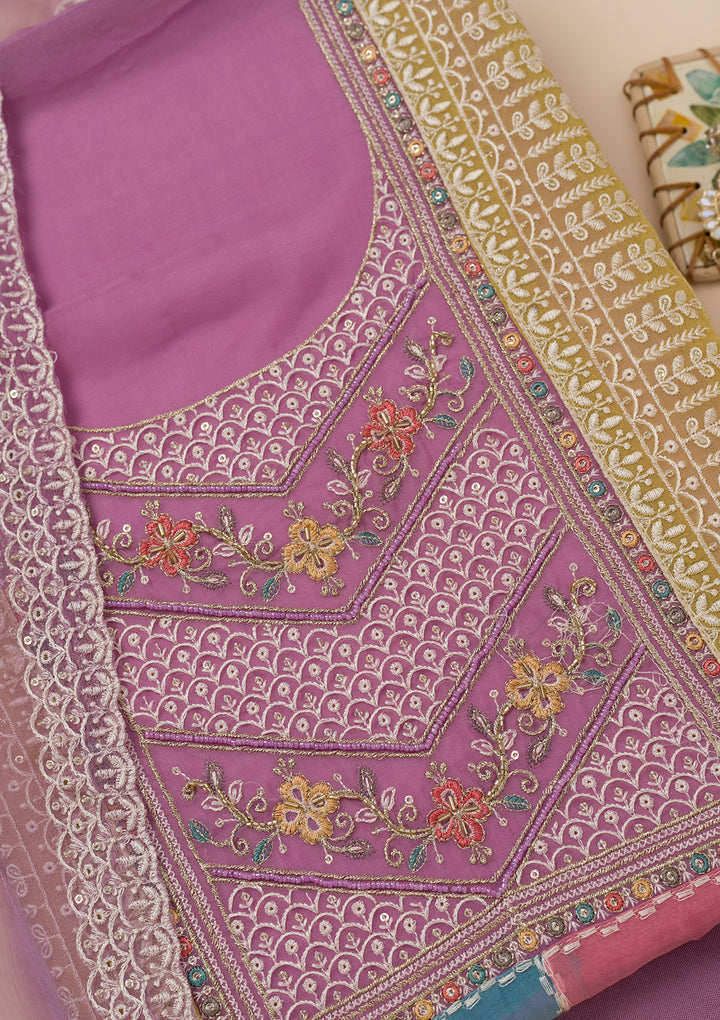 Lavender Threadwork Organza Unstitched Salwar Suit