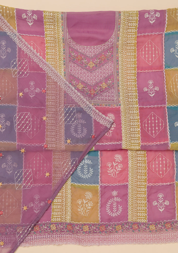 Lavender Threadwork Organza Unstitched Salwar Suit