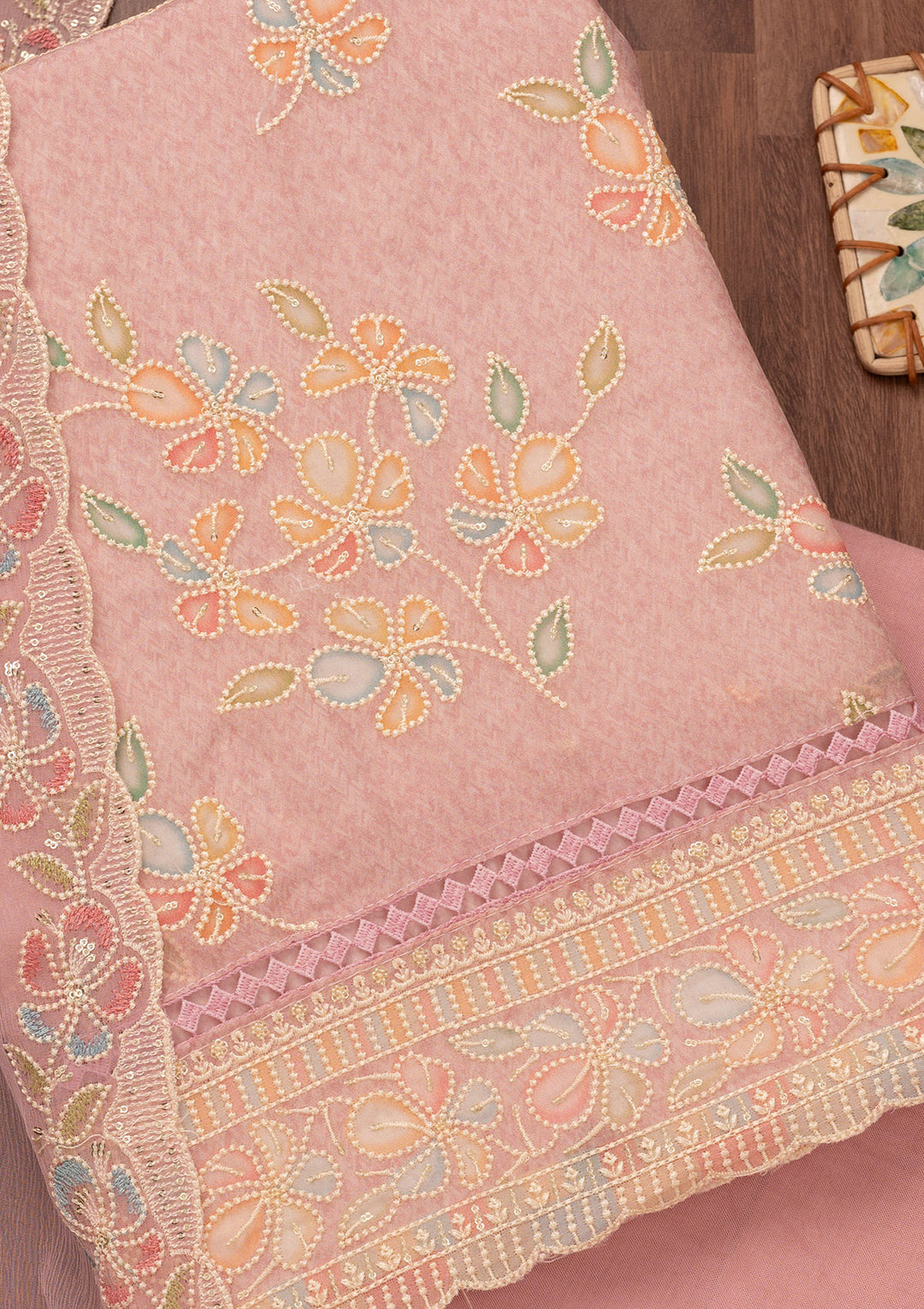 Lavender Threadwork Semi Crepe Unstitched Salwar Suit