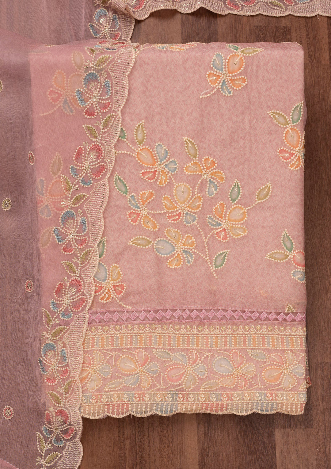 Lavender Threadwork Semi Crepe Unstitched Salwar Suit