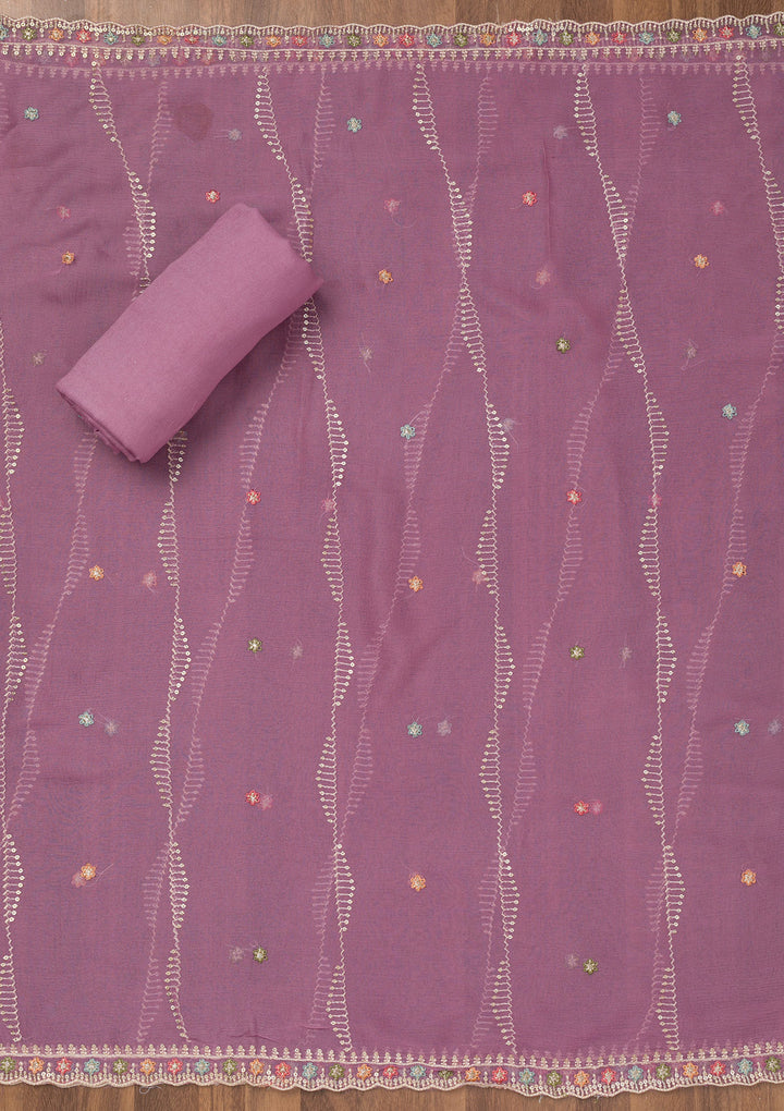 Lavender Threadwork Semi Crepe Unstitched Salwar Suit
