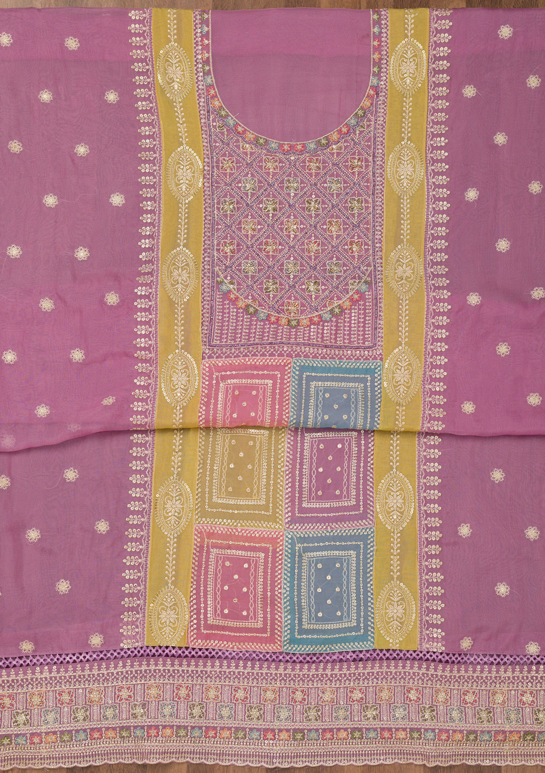 Lavender Threadwork Semi Crepe Unstitched Salwar Suit