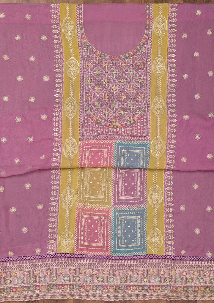 Lavender Threadwork Semi Crepe Unstitched Salwar Suit
