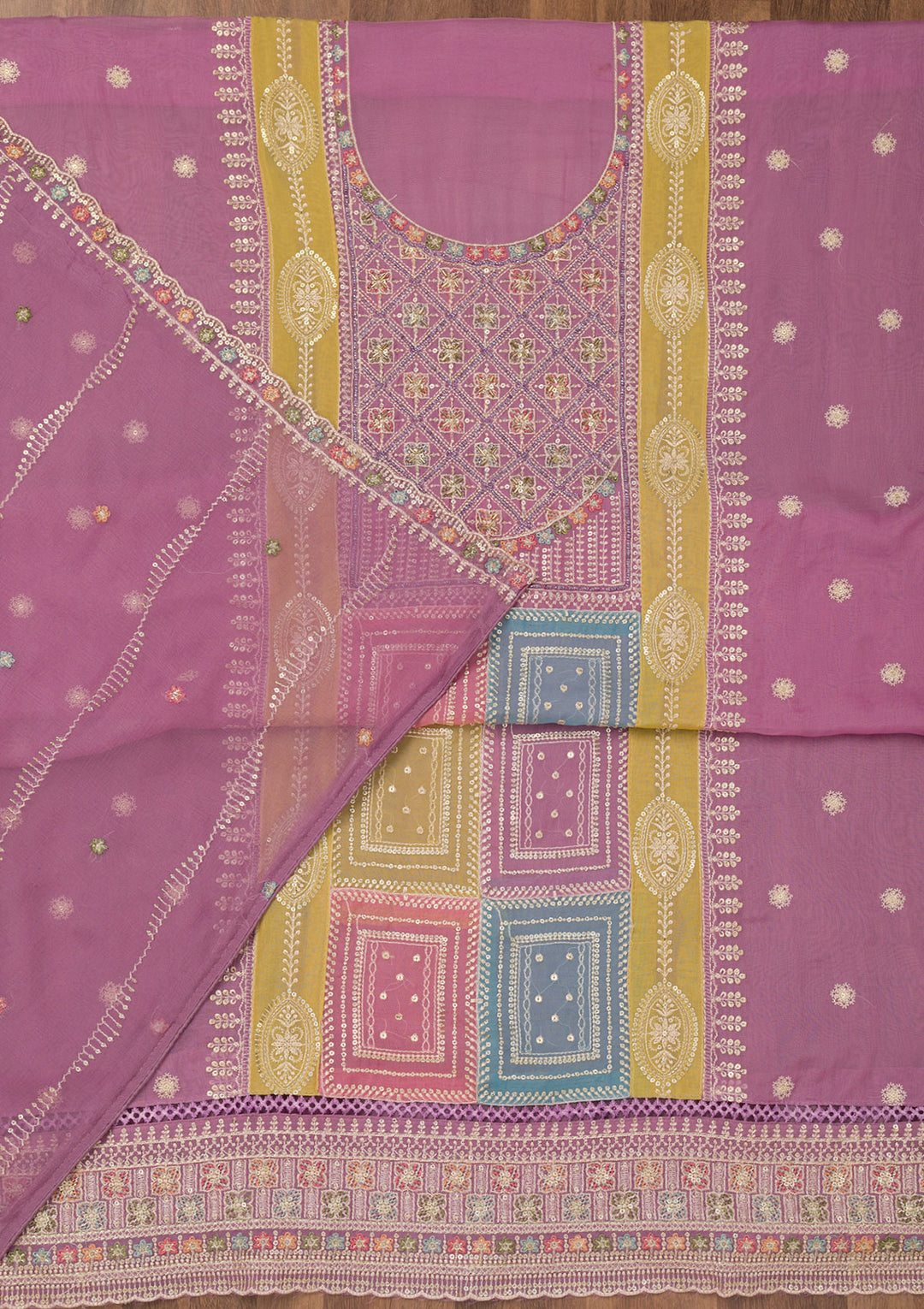 Lavender Threadwork Semi Crepe Unstitched Salwar Suit