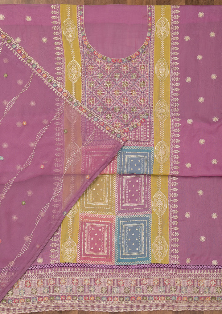Lavender Threadwork Semi Crepe Unstitched Salwar Suit