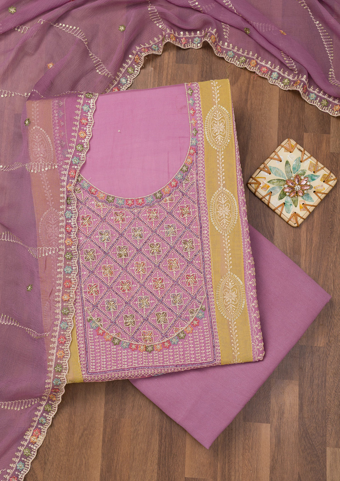 Lavender Threadwork Semi Crepe Unstitched Salwar Suit