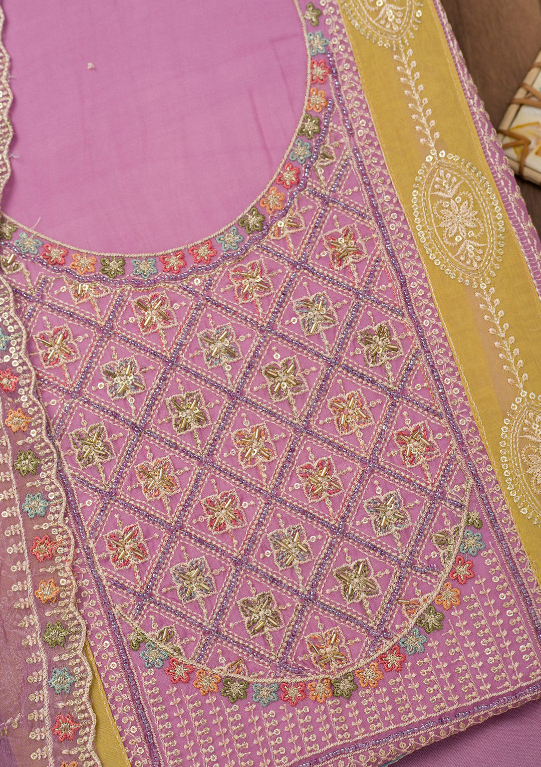 Lavender Threadwork Semi Crepe Unstitched Salwar Suit