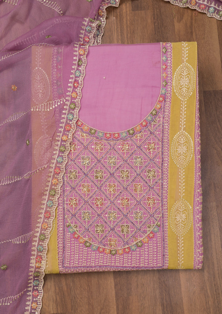 Lavender Threadwork Semi Crepe Unstitched Salwar Suit