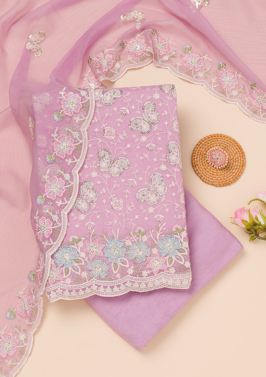 Lavender Threadwork Tissue Unstitched Salwar Suit