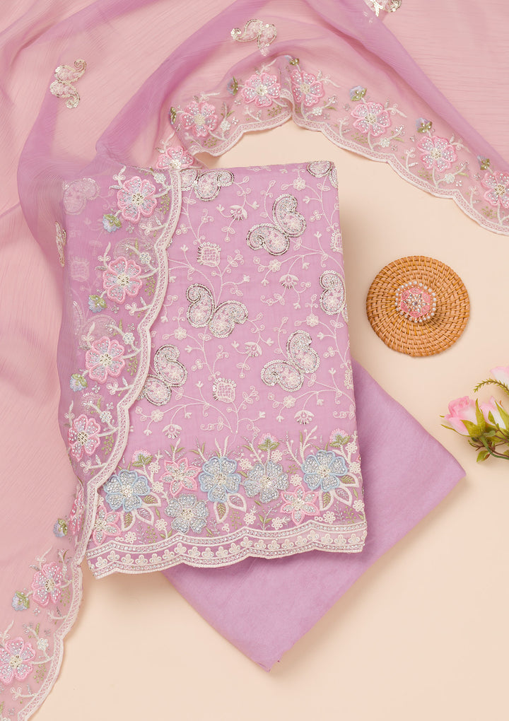 Lavender Threadwork Tissue Unstitched Salwar Suit