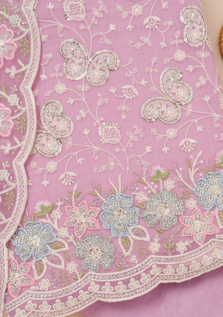 Lavender Threadwork Tissue Unstitched Salwar Suit