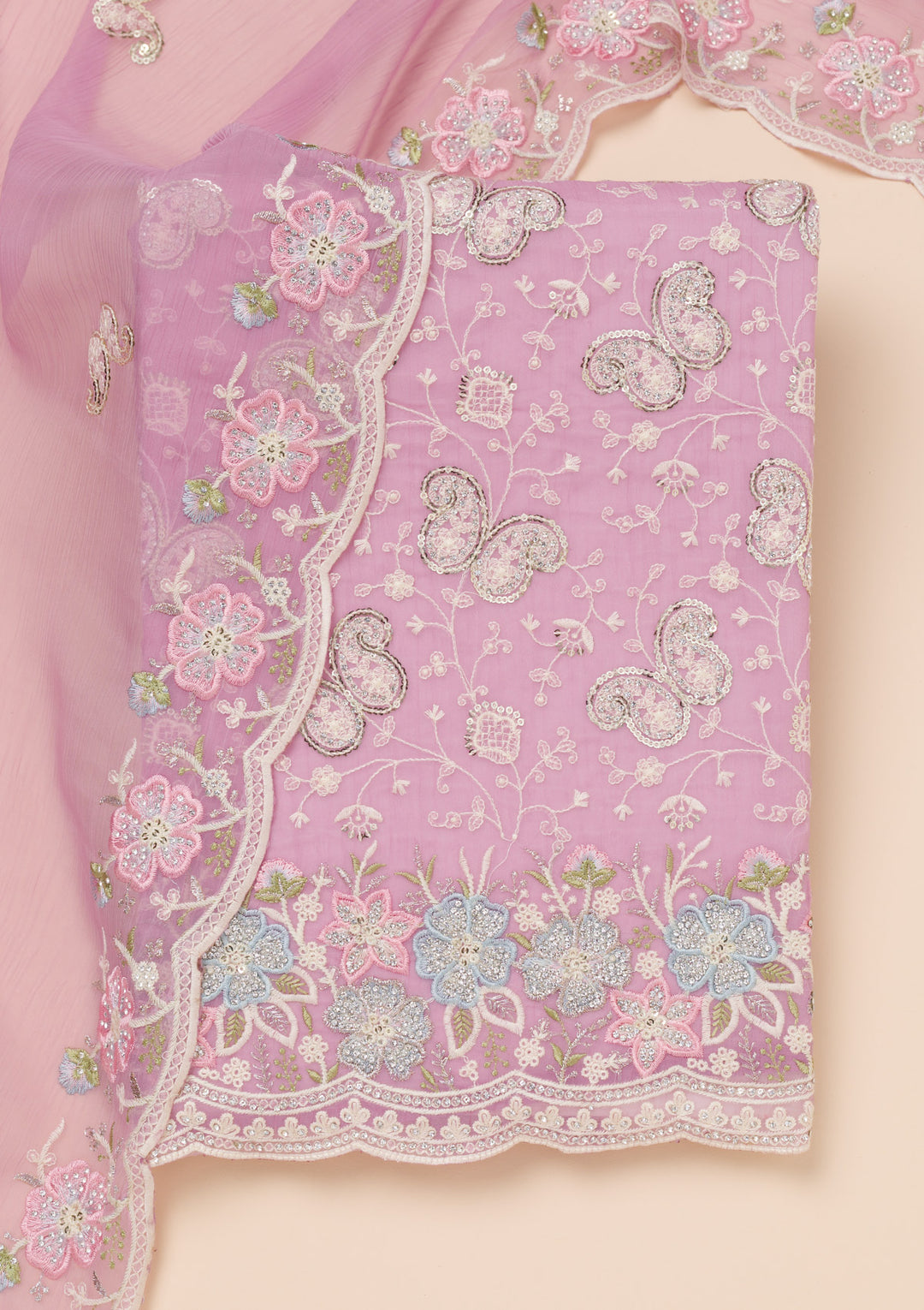 Lavender Threadwork Tissue Unstitched Salwar Suit