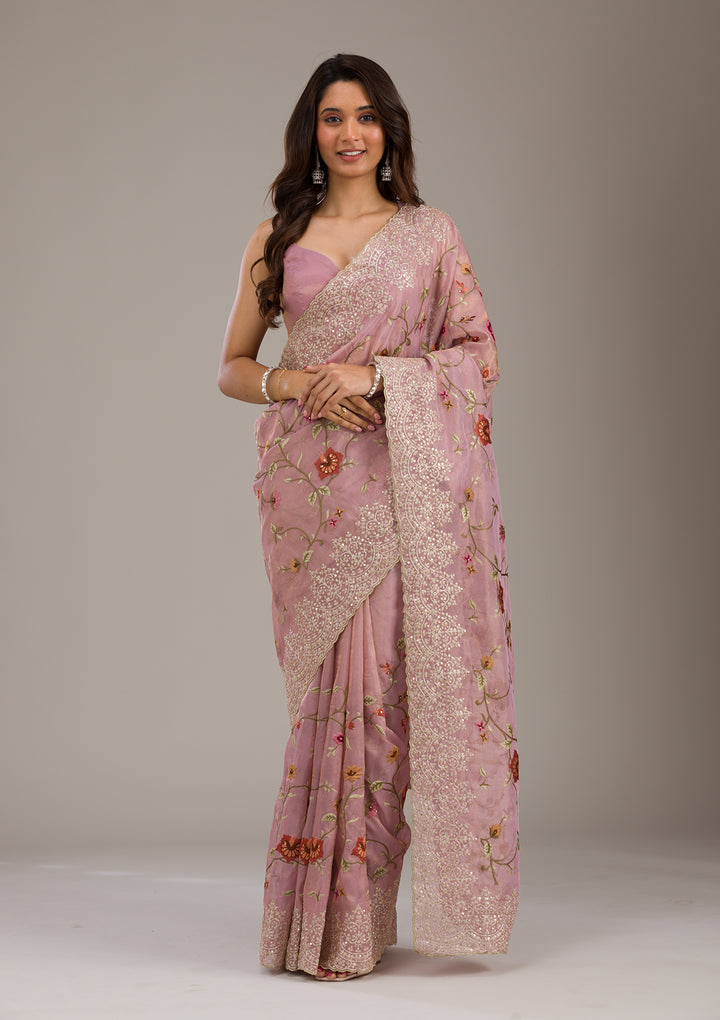 Lavender Threadwork Tissue Saree