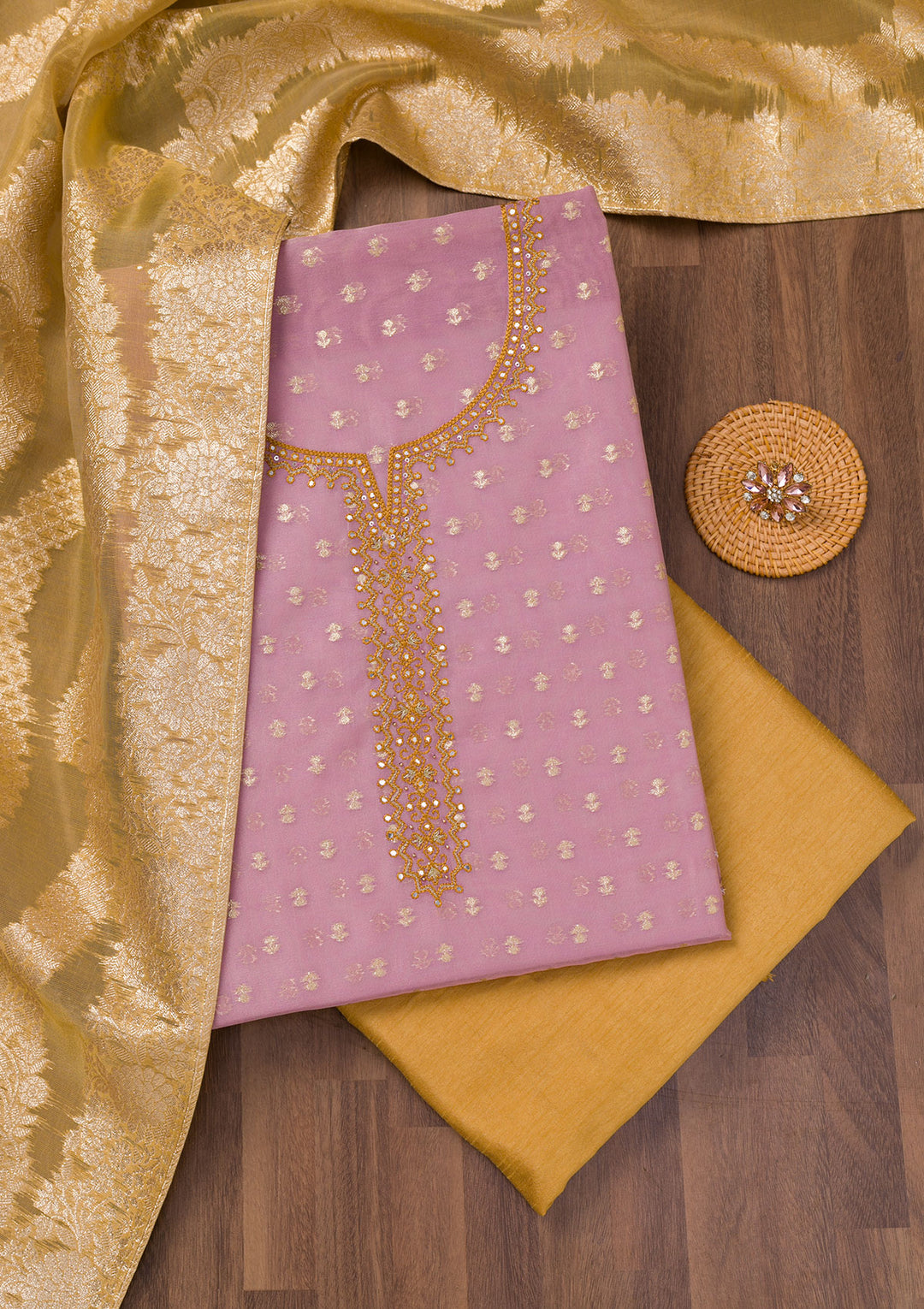 Lavender Zariwork Banarasi Unstitched Salwar Suit