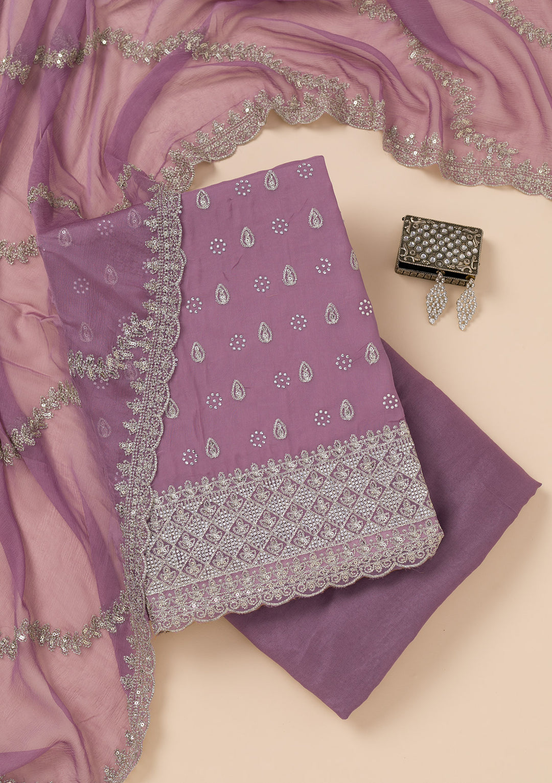Lavender Zariwork Organza Unstitched Salwar Suit