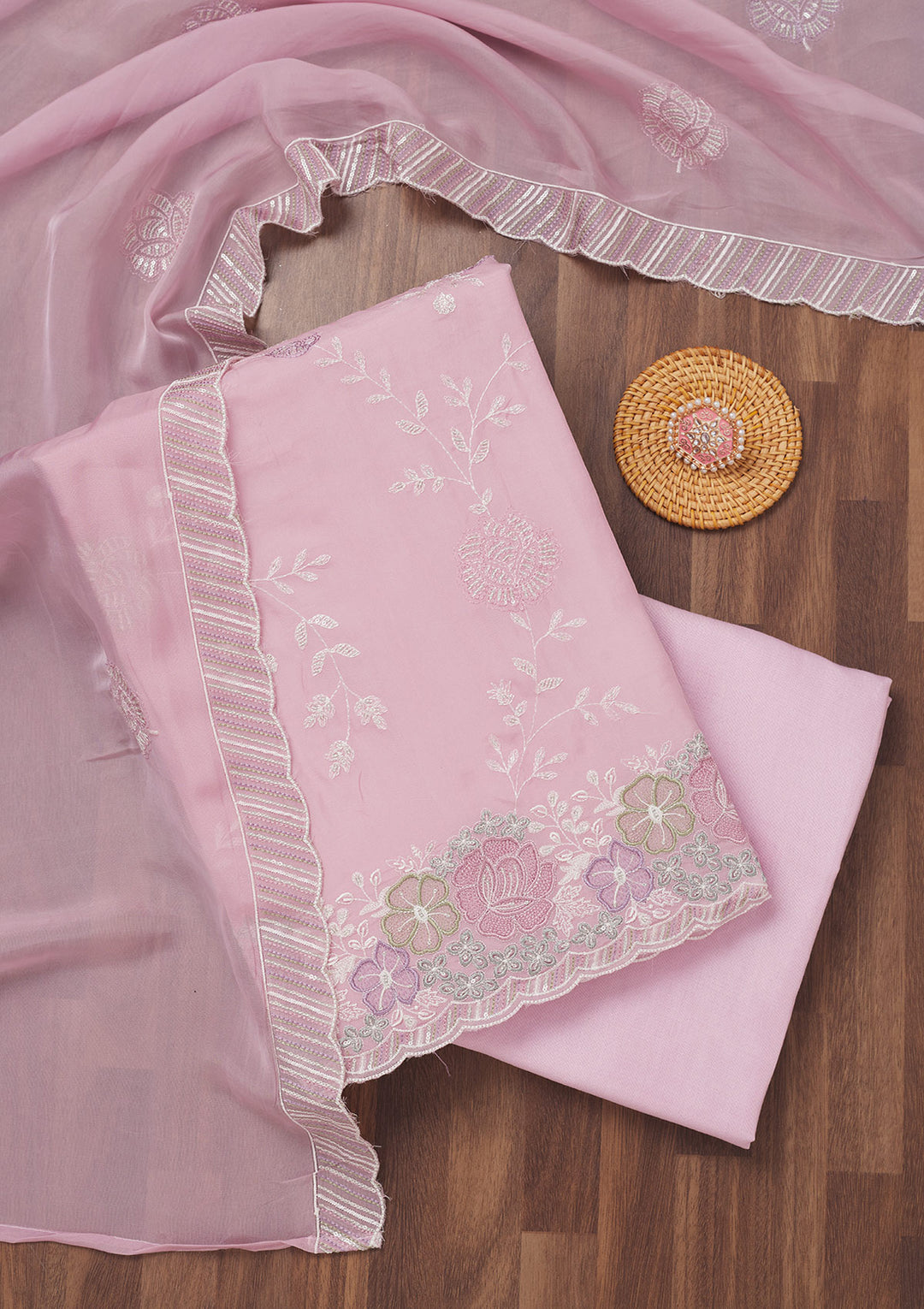 Lavender Zariwork Semi Crepe Unstitched Salwar Suit