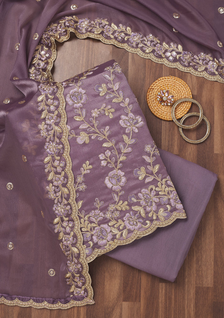 Lavender Zariwork Semi Crepe Unstitched Salwar Suit