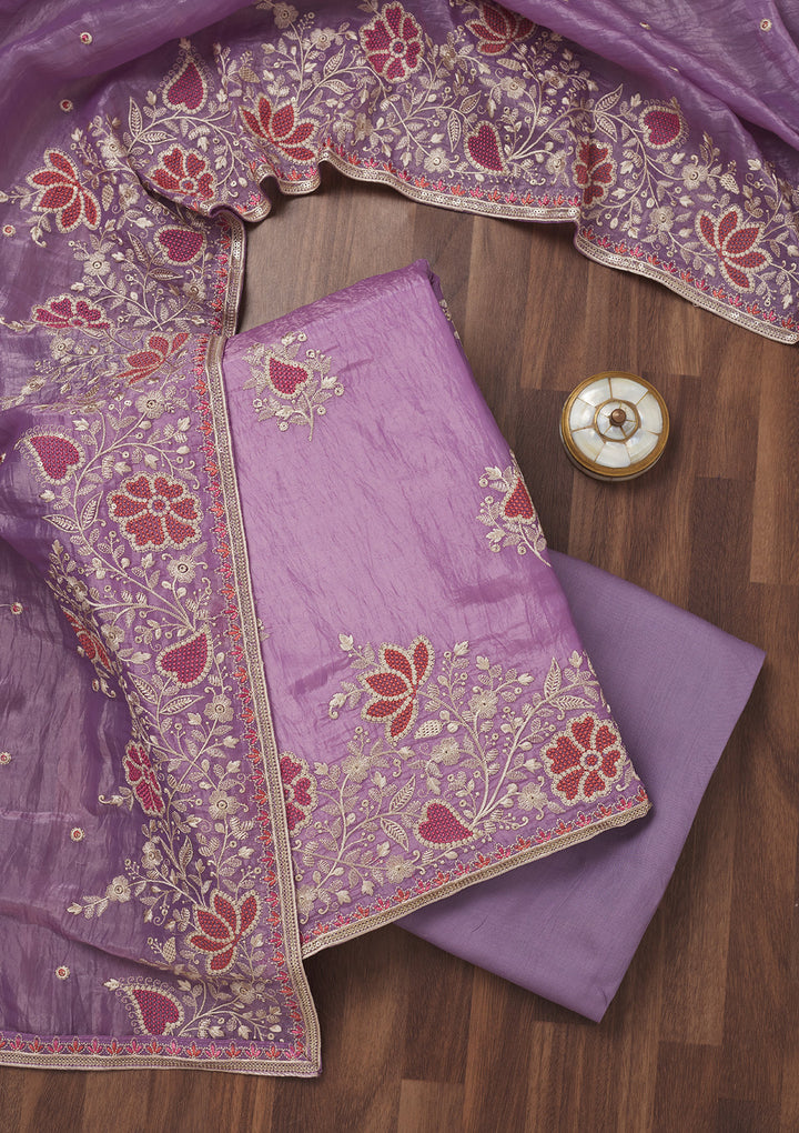 Lavender Zariwork Semi Crepe Unstitched Salwar Suit