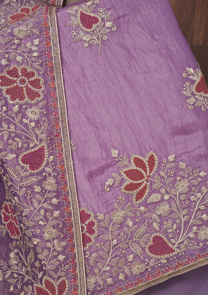 Lavender Zariwork Semi Crepe Unstitched Salwar Suit