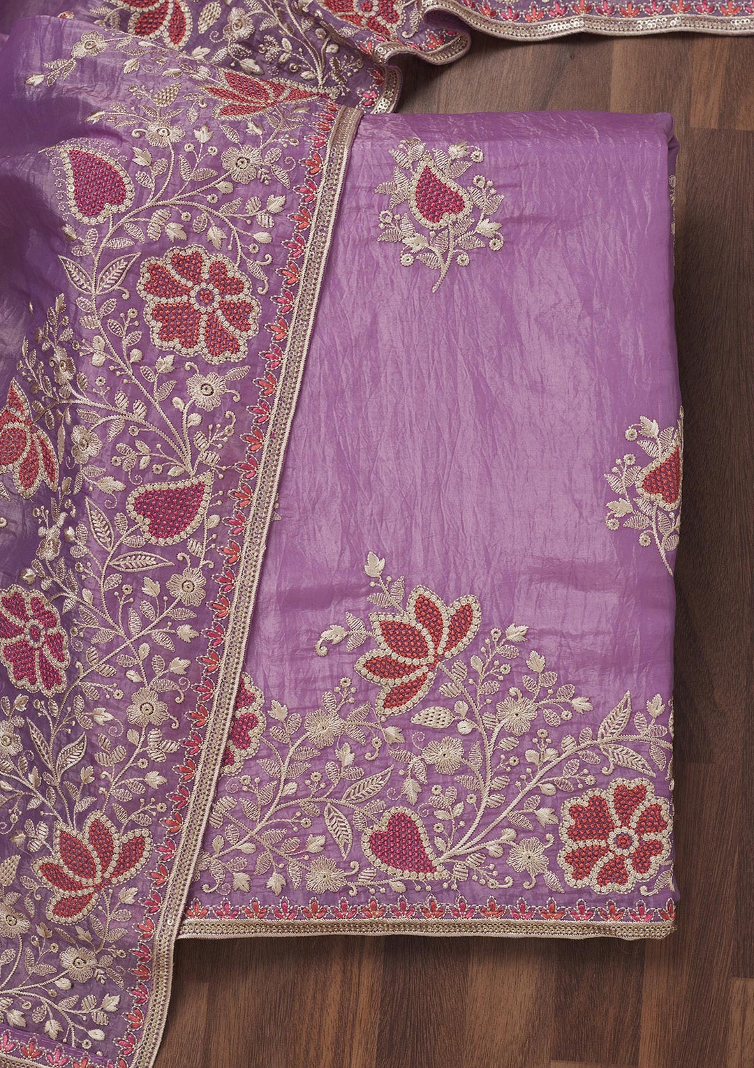 Lavender Zariwork Semi Crepe Unstitched Salwar Suit