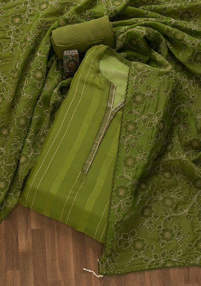 Leaf Green Cutdana Tissue Unstitched Salwar Suit-Koskii
