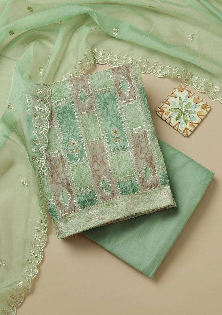 Leaf Green Sequins Organza Unstitched Salwar Suit