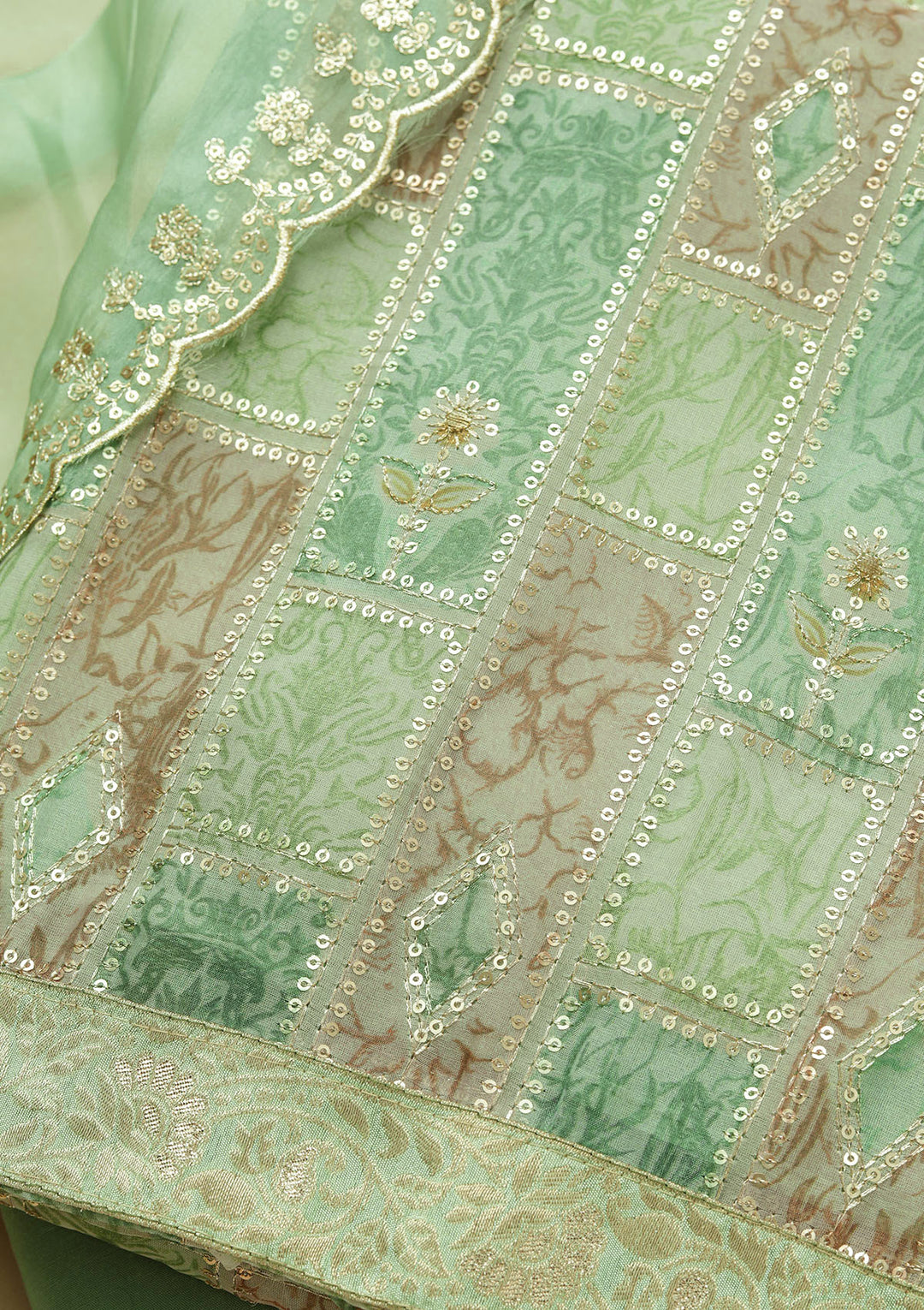 Leaf Green Sequins Organza Unstitched Salwar Suit