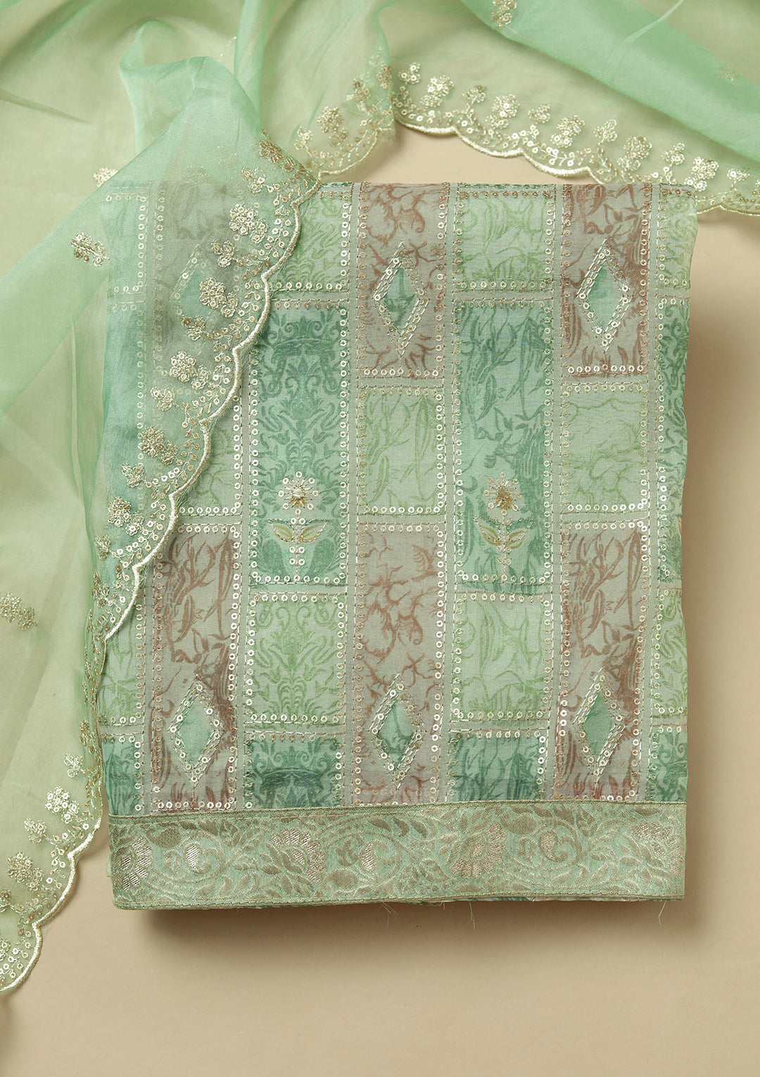 Leaf Green Sequins Organza Unstitched Salwar Suit