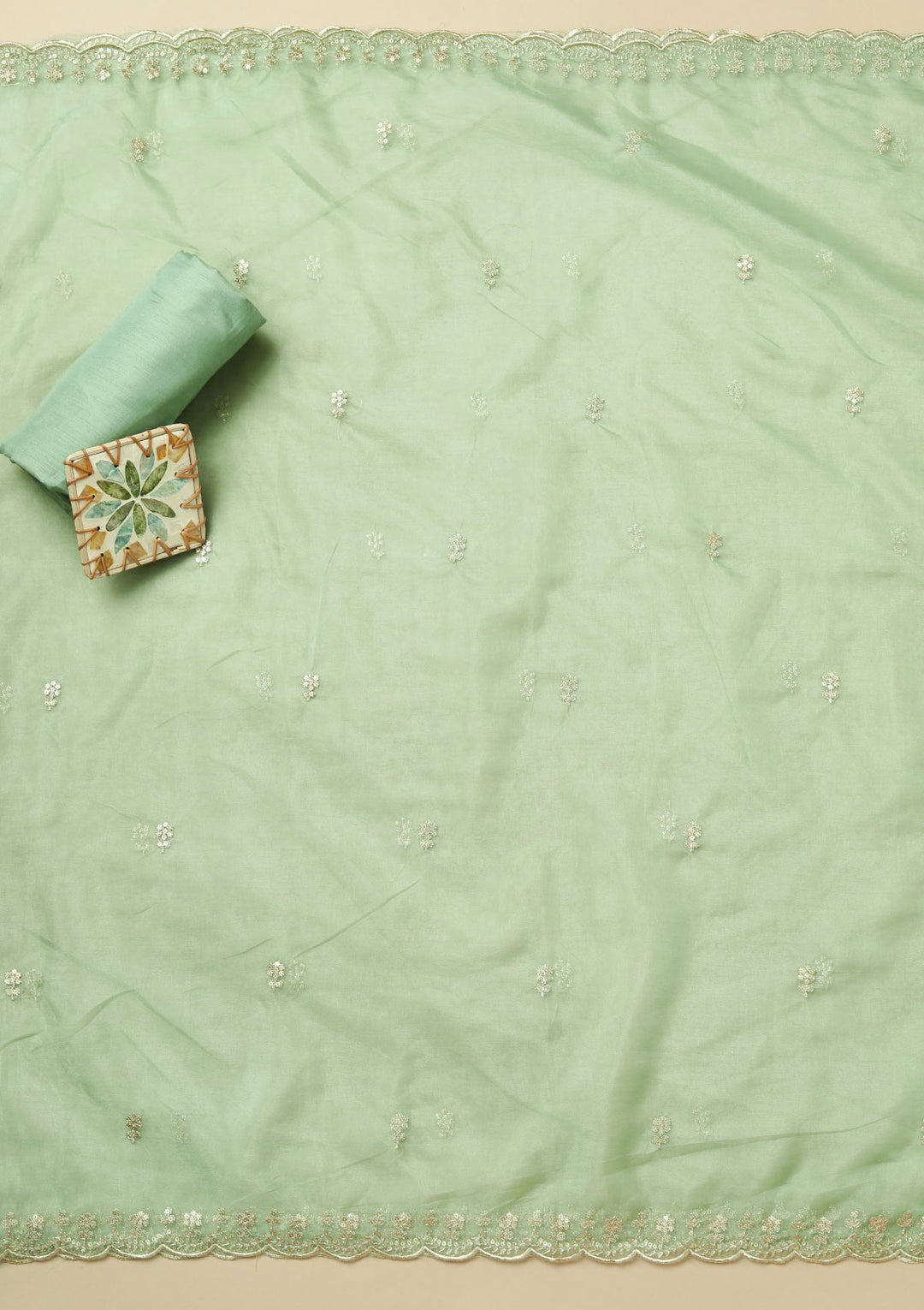 Leaf Green Sequins Organza Unstitched Salwar Suit