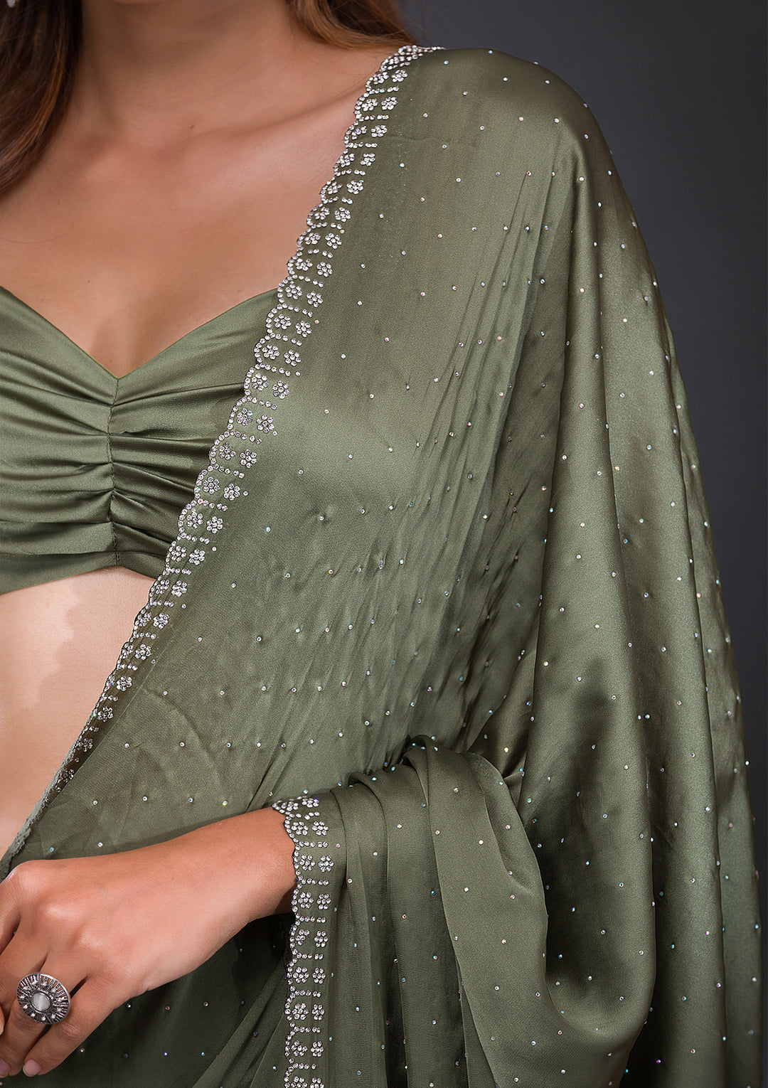 Leaf Green Stonework Satin Designer Saree