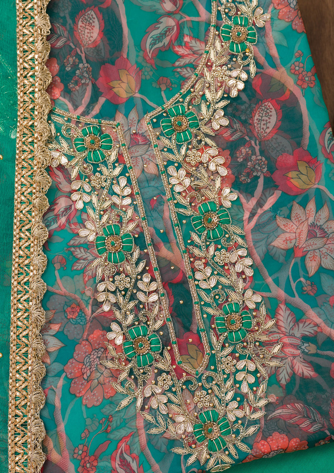 Leaf Green Zariwork Organza Unstitched Salwar Suit