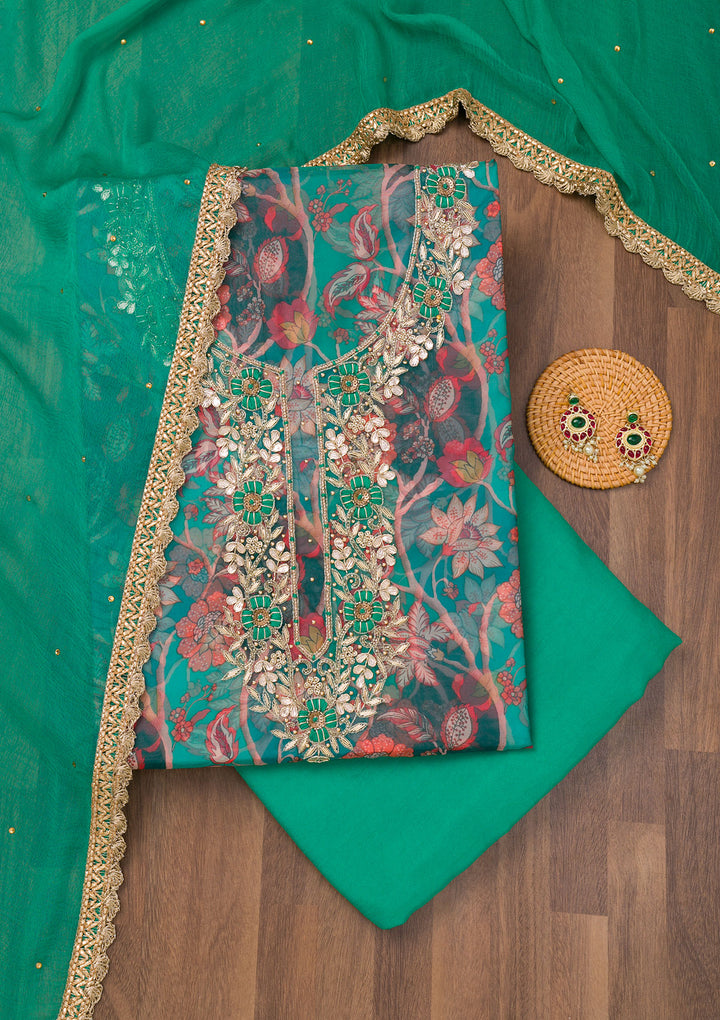 Leaf Green Zariwork Organza Unstitched Salwar Suit