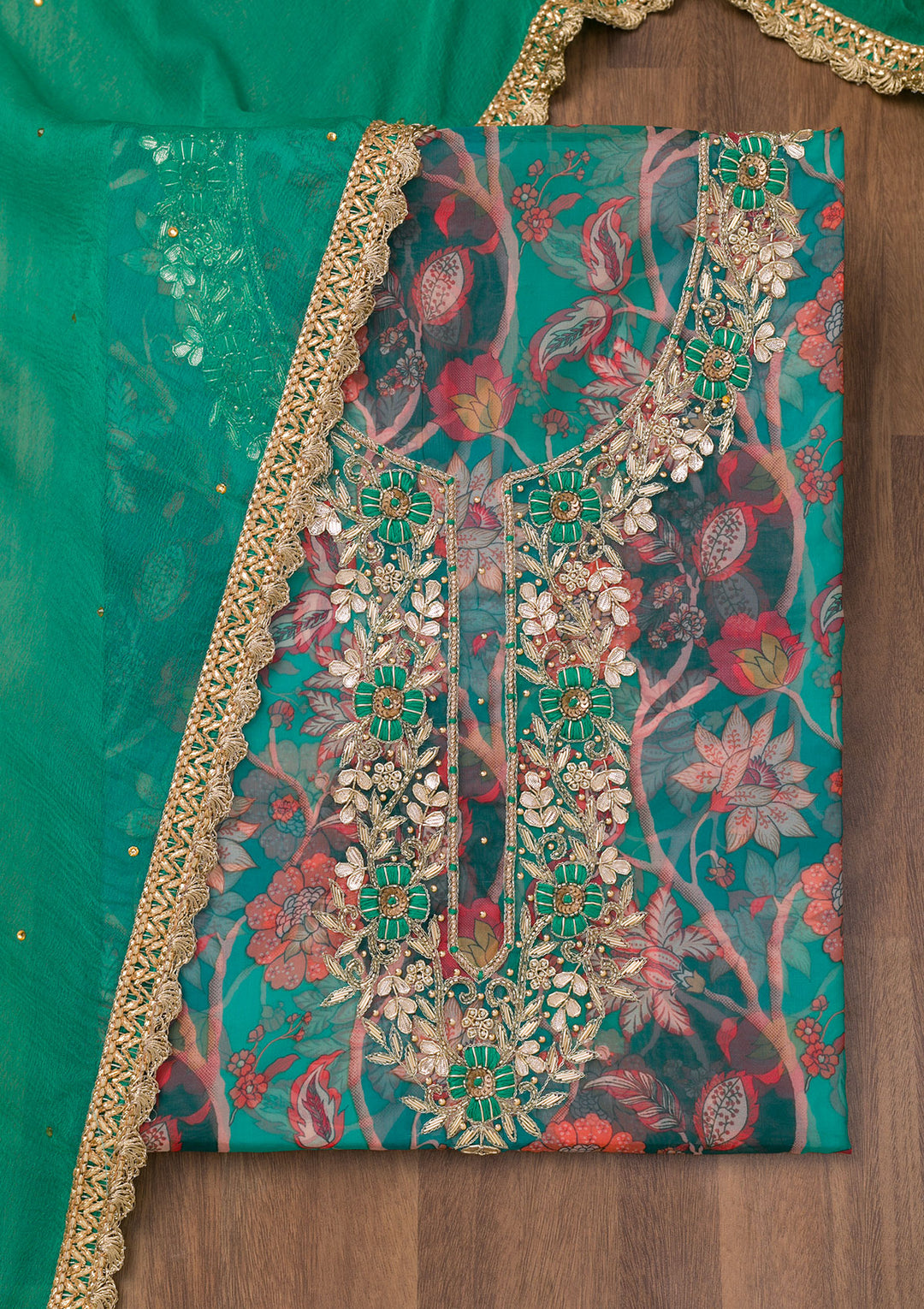 Leaf Green Zariwork Organza Unstitched Salwar Suit