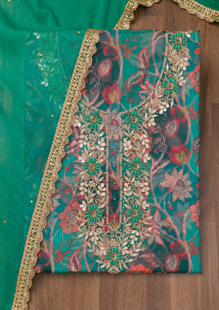 Leaf Green Zariwork Organza Unstitched Salwar Suit