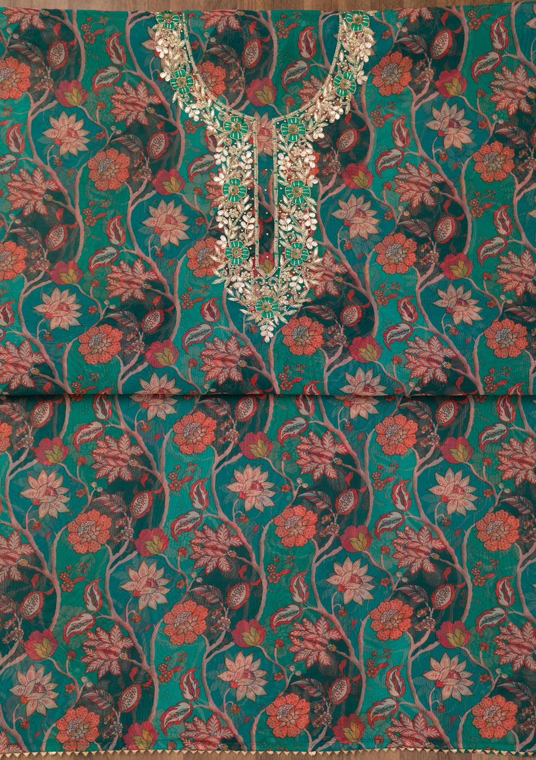 Leaf Green Zariwork Organza Unstitched Salwar Suit