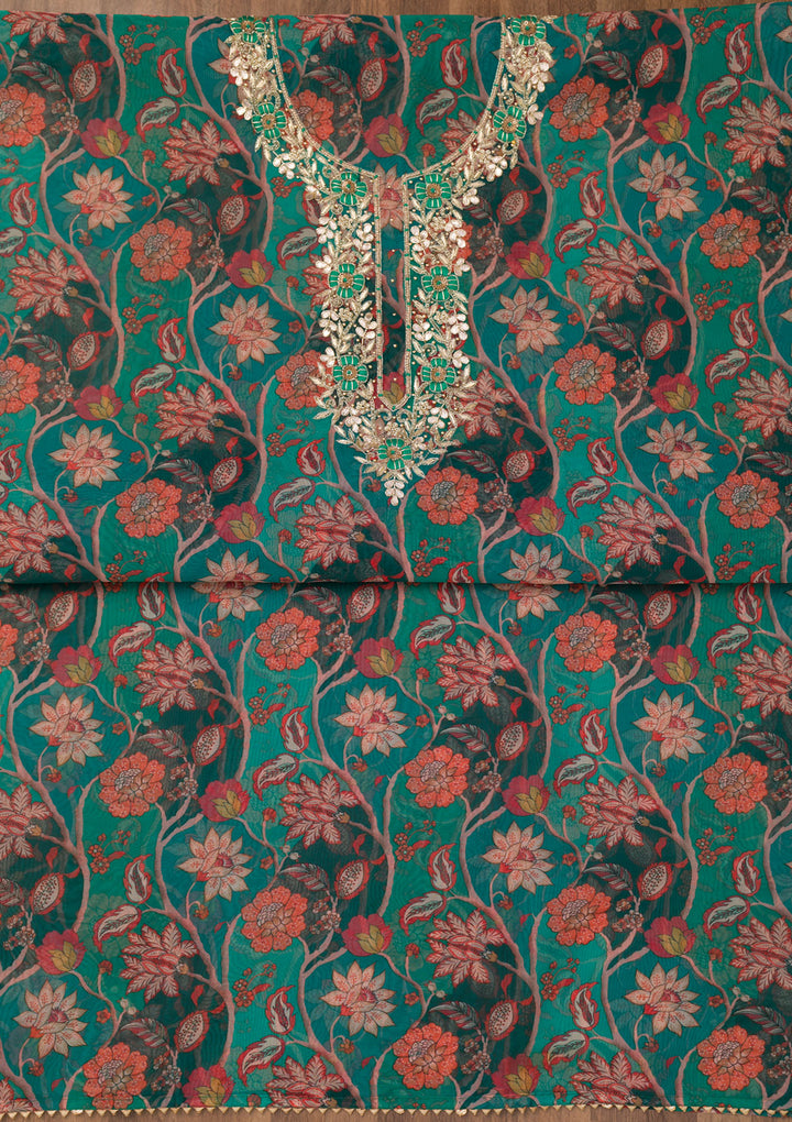 Leaf Green Zariwork Organza Unstitched Salwar Suit