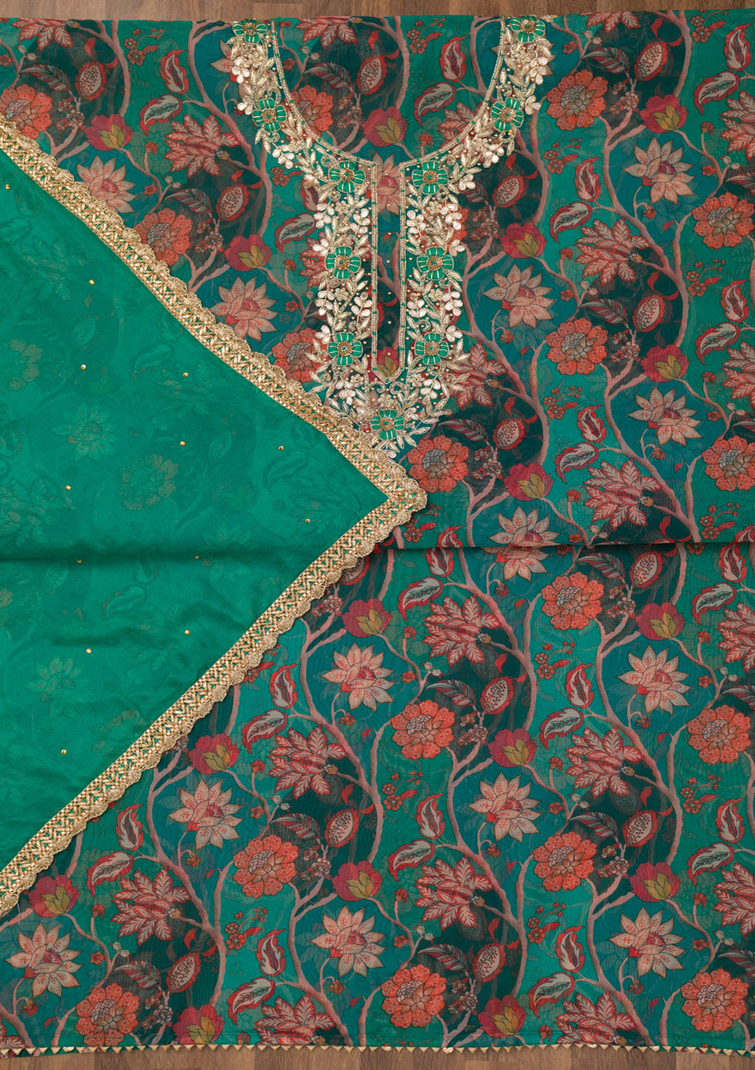 Leaf Green Zariwork Organza Unstitched Salwar Suit
