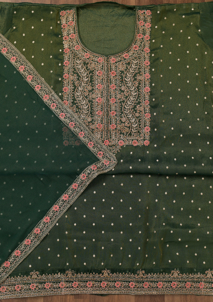 Leaf Green Zariwork Semi Crepe Unstitched Salwar Suit