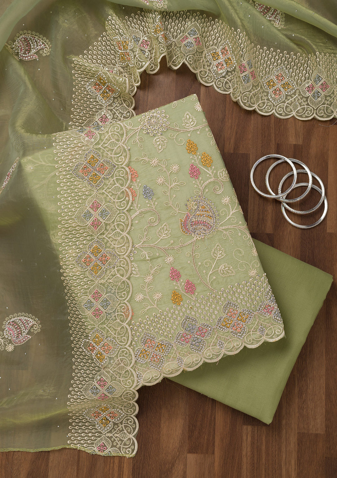 Leaf Green Zariwork Semi Crepe Unstitched Salwar Suit