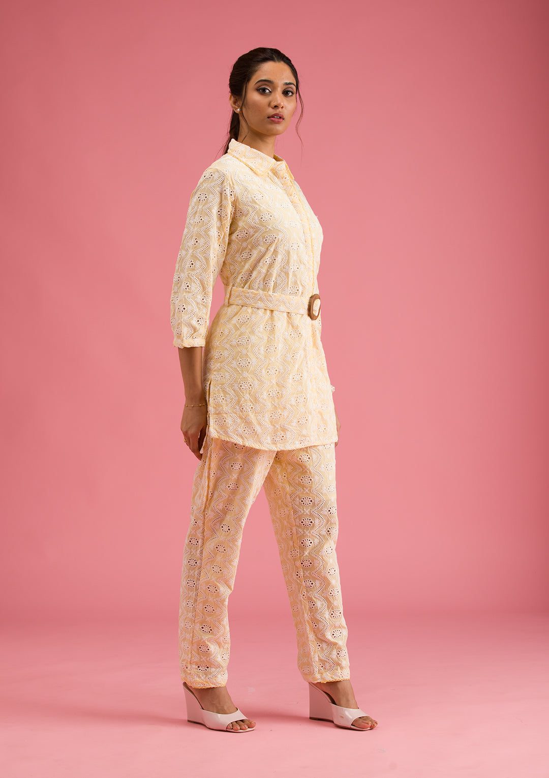 Lemon Yellow Threadwork Cotton Readymade Salwar Suit