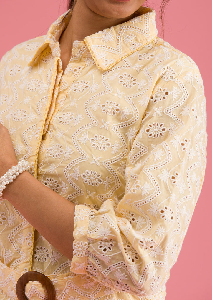 Lemon Yellow Threadwork Cotton Readymade Salwar Suit