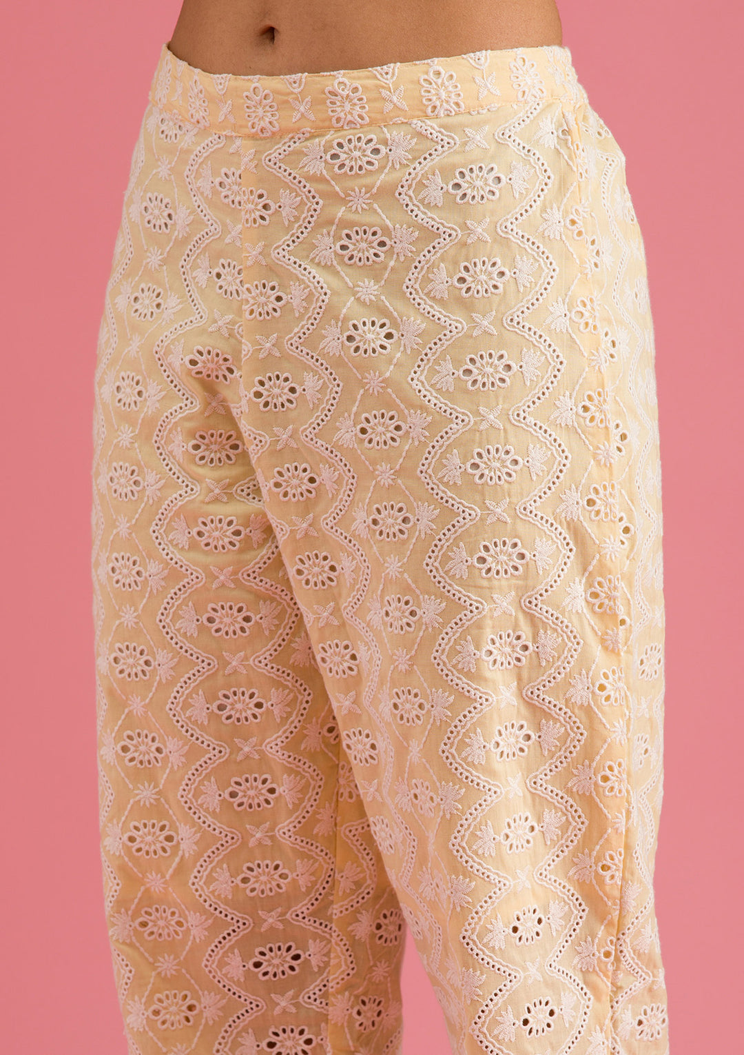 Lemon Yellow Threadwork Cotton Readymade Salwar Suit